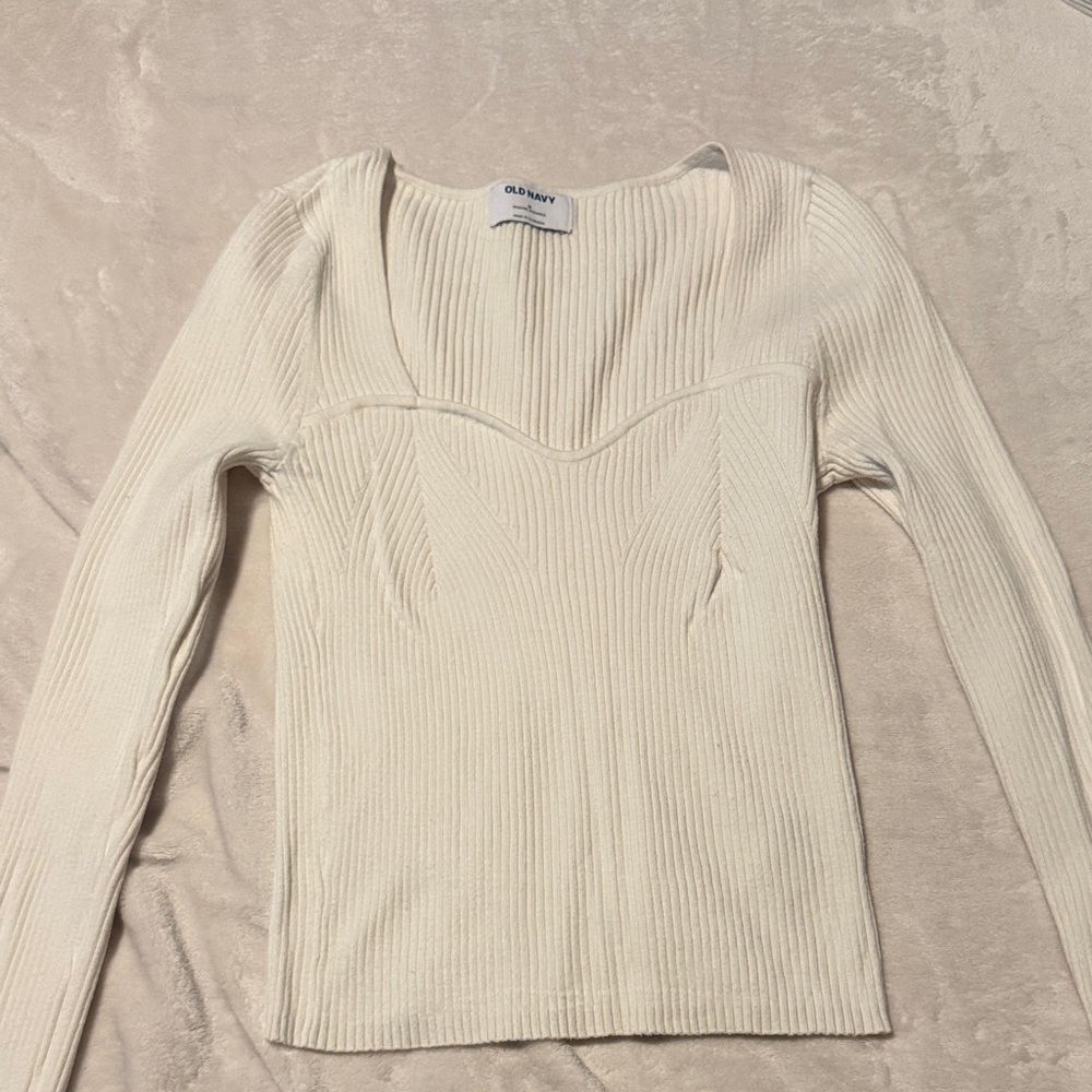 Old Navy Cream Ribbed Sweetheart Neck Long Sleeve Top